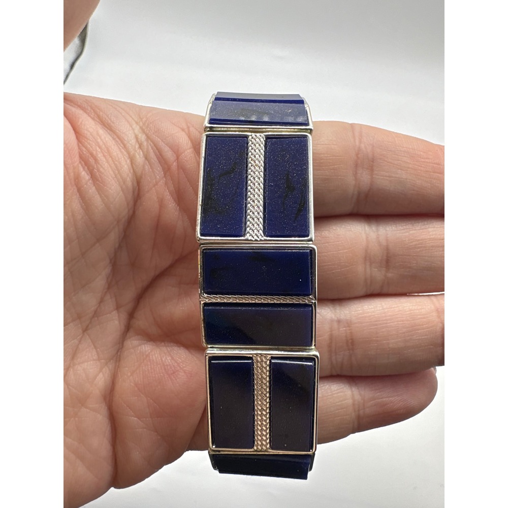 Vintage Silver Tone Cobalt Blue‎ Black Geometric Stretch Statement Bracelet